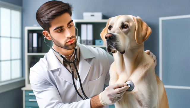 聴診する獣医師